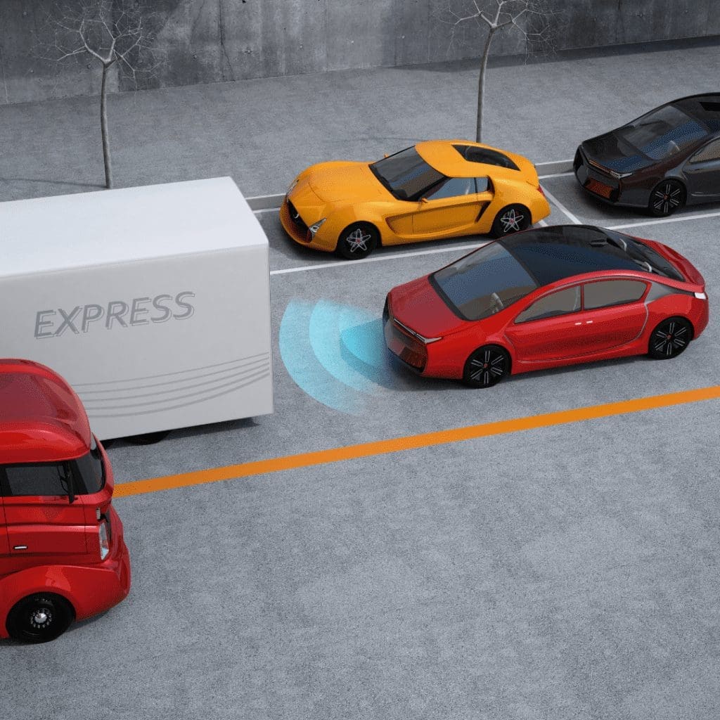 En la imagen se observa una simulación de auto con sistema de frenado automático